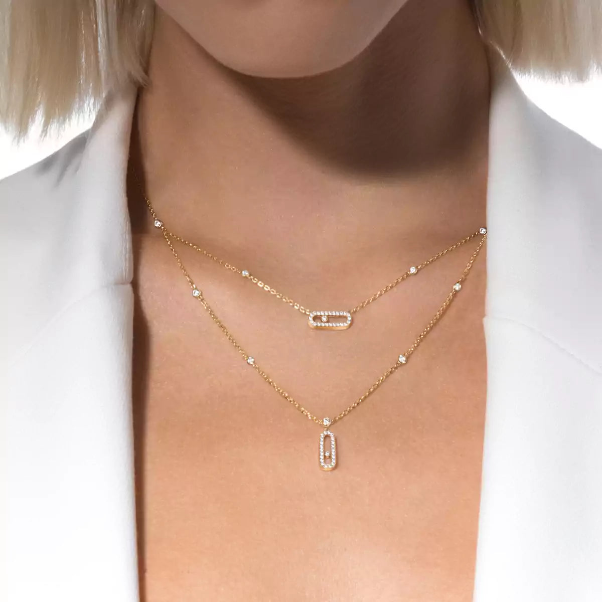 [Plus&Max]2 Rows Rose Gold Diamond Pave_ Necklace Move Uno