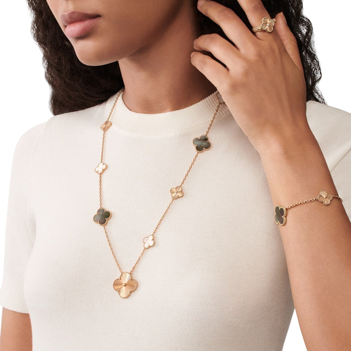 [Plus&Max]DETACHABLE CLOVER 15(11+4) FLOWER ROSE GOLD NECKLACE SET