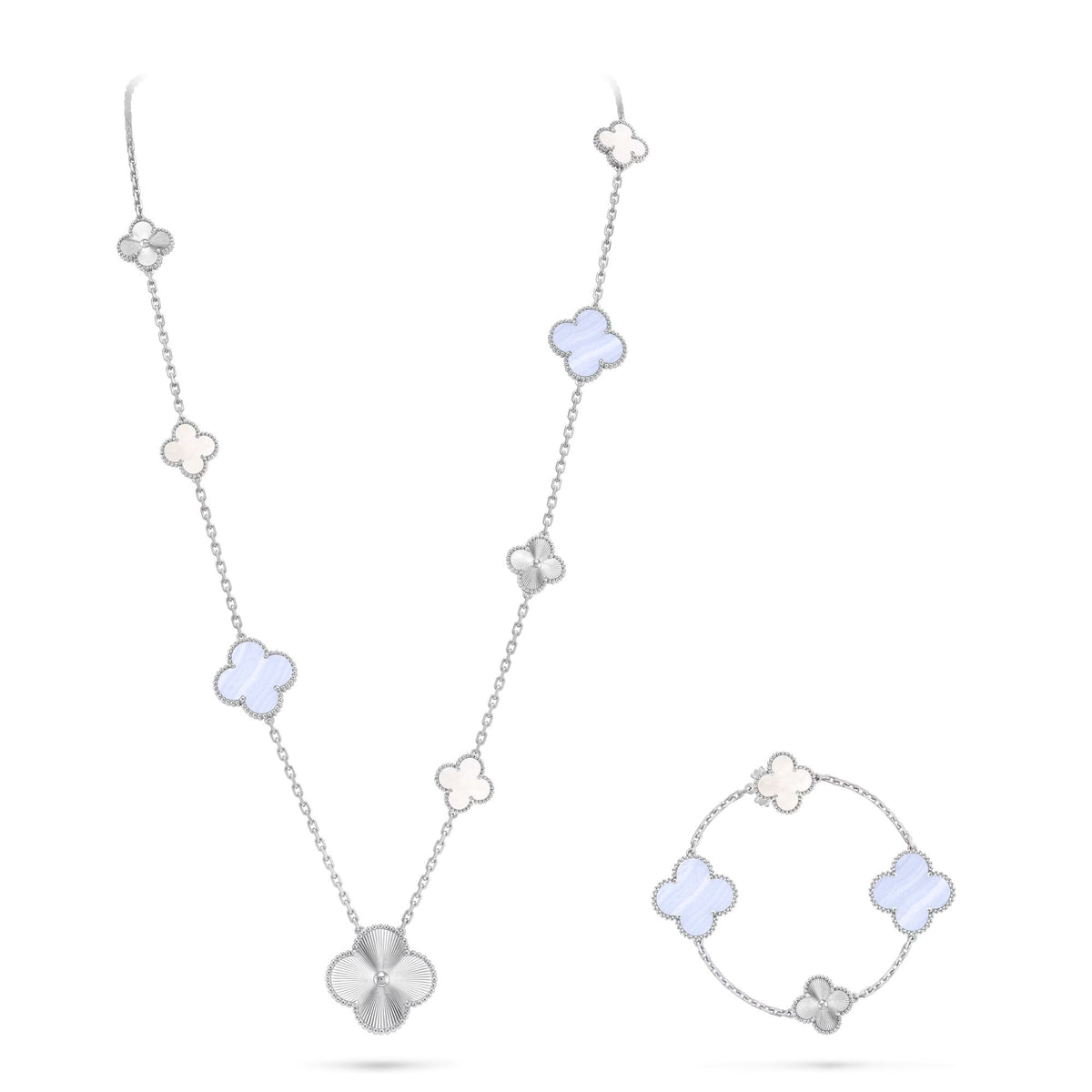 [Plus&Max]DETACHABLE CLOVER 15(11+4) FLOWER SILVER NECKLACE SET
