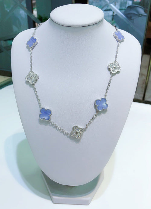 [Plus&Max]CLOVER 10 MOTIFS CHALCEDONY DIAMONDS SILVER NECKLACE