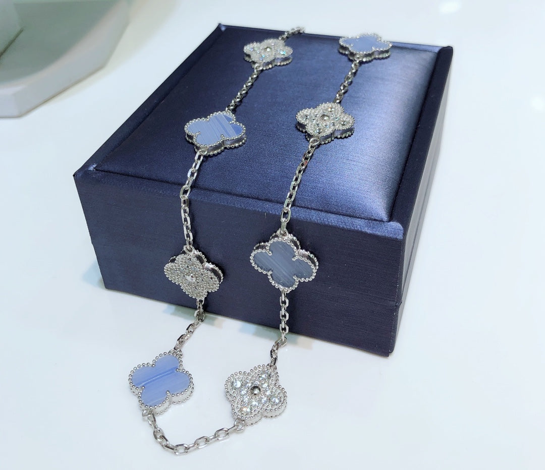 [Plus&Max]CLOVER 10 MOTIFS CHALCEDONY DIAMONDS SILVER NECKLACE