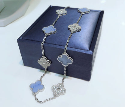 [Plus&Max]CLOVER 10 MOTIFS CHALCEDONY DIAMONDS SILVER NECKLACE