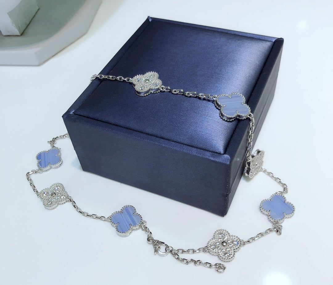 [Plus&Max]CLOVER 10 MOTIFS CHALCEDONY DIAMONDS SILVER NECKLACE