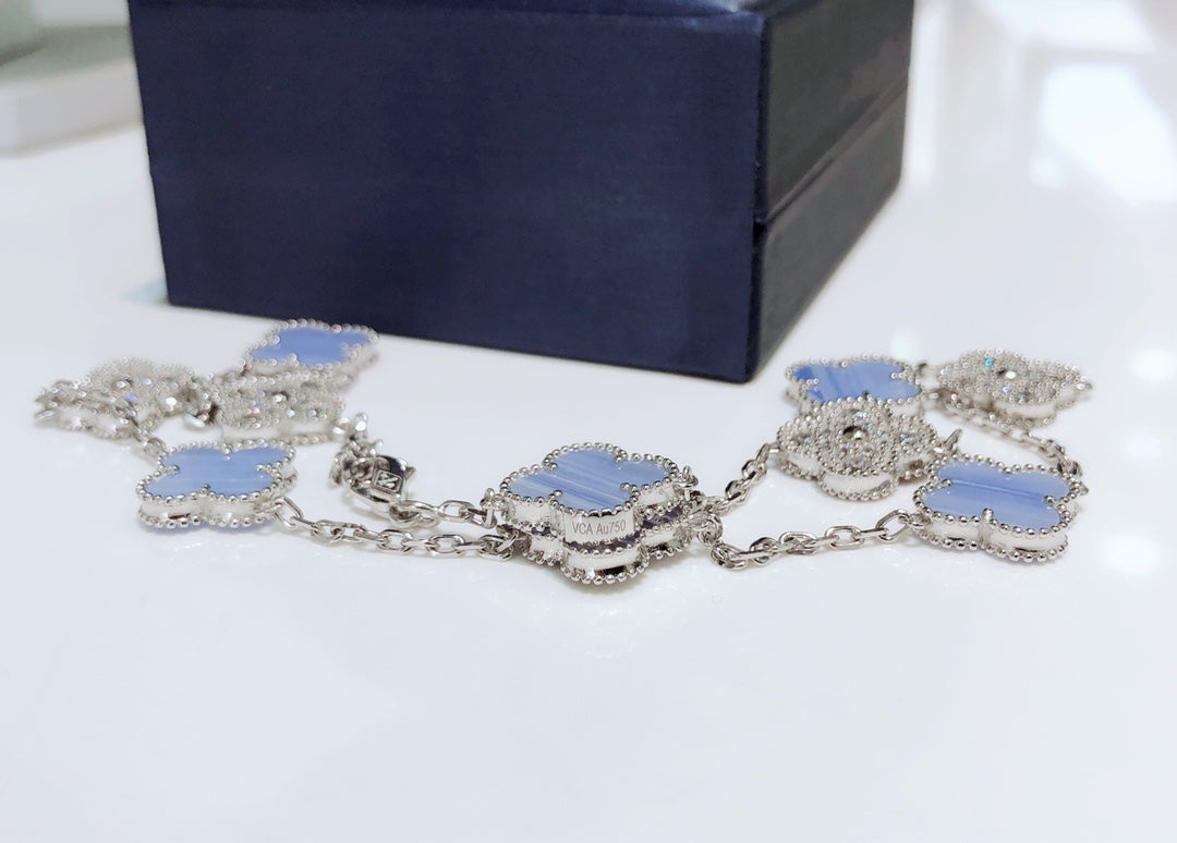 [Plus&Max]CLOVER 10 MOTIFS CHALCEDONY DIAMONDS SILVER NECKLACE