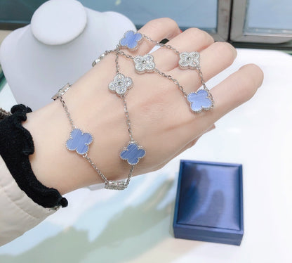 [Plus&Max]CLOVER 10 MOTIFS CHALCEDONY DIAMONDS SILVER NECKLACE