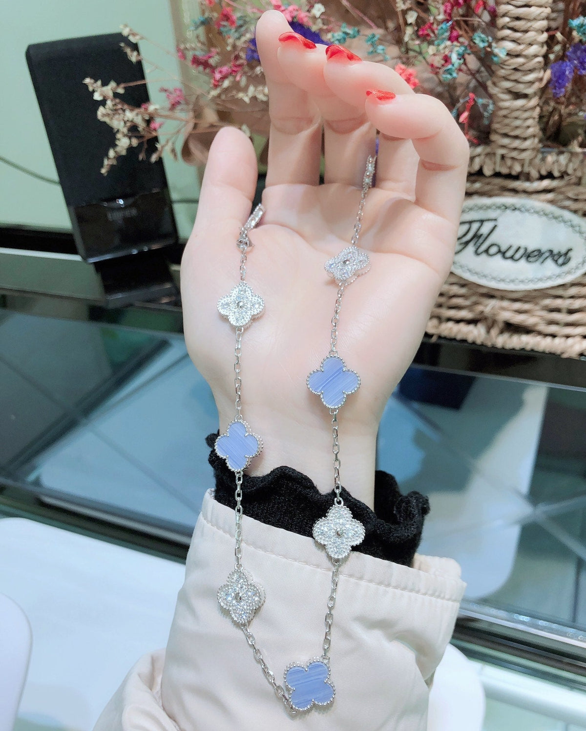 [Plus&Max]CLOVER 10 MOTIFS CHALCEDONY DIAMONDS SILVER NECKLACE